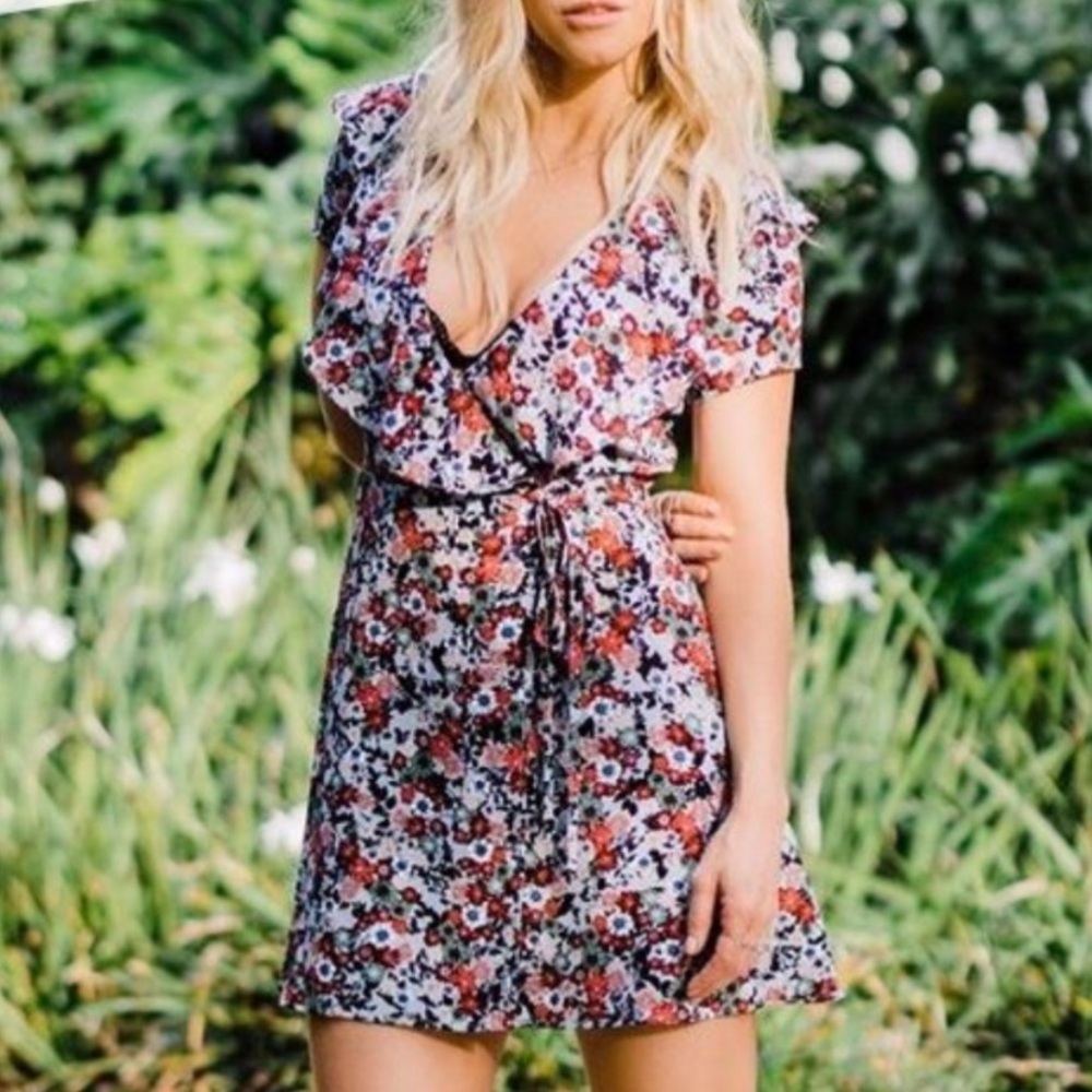 {Topshop} Blue Floral Ruffled Wrap Around Waist Tie Mini Dress~Size 6